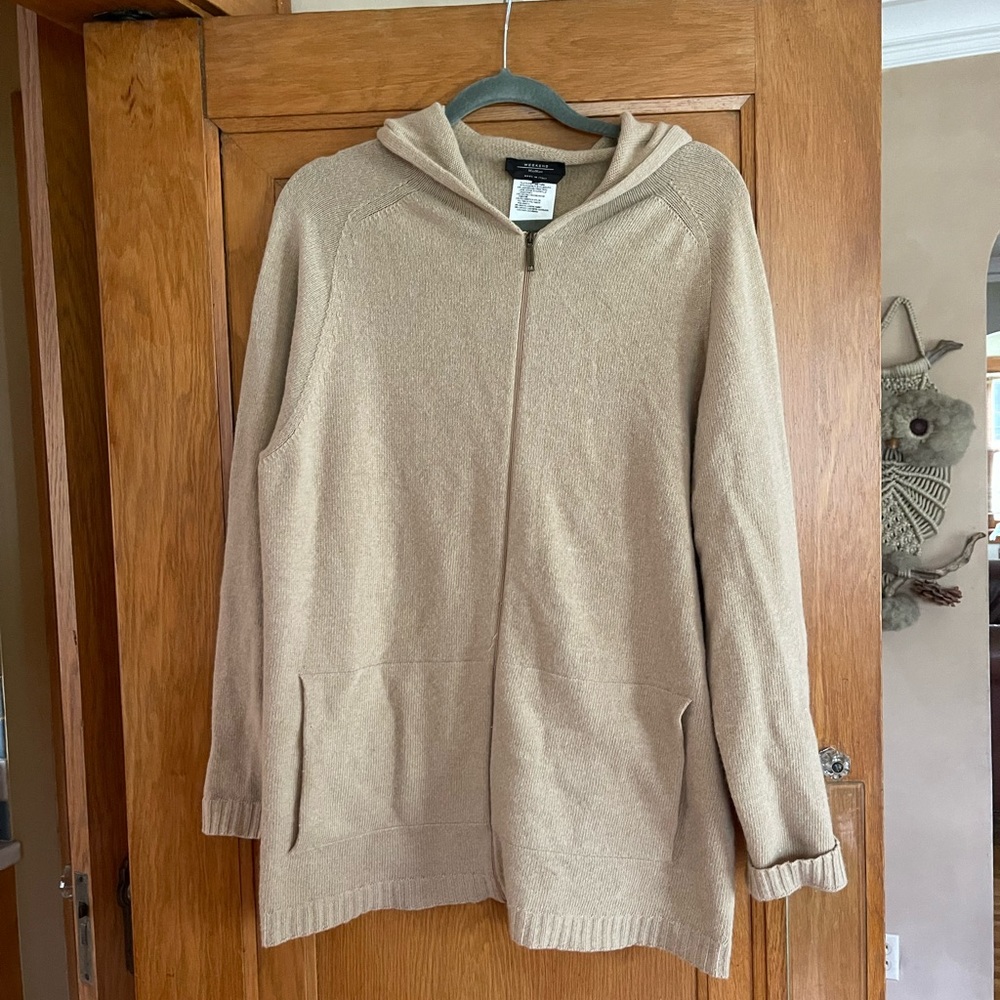 Max Mara Weekend camel wool cashmere blend hooded zip cardigan.  Size large